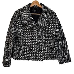 Talbots Double Breasted Tweed Wool Blend Jacket Size 10 Petite Black White